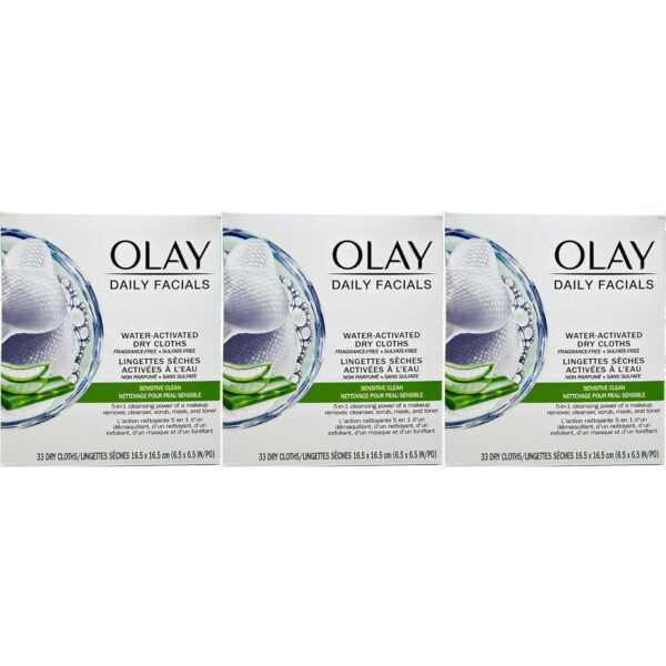 (3 pack) Olay Daily Facials Sensitive Cleansing Cloths, Fragrance-Free, 33 Count